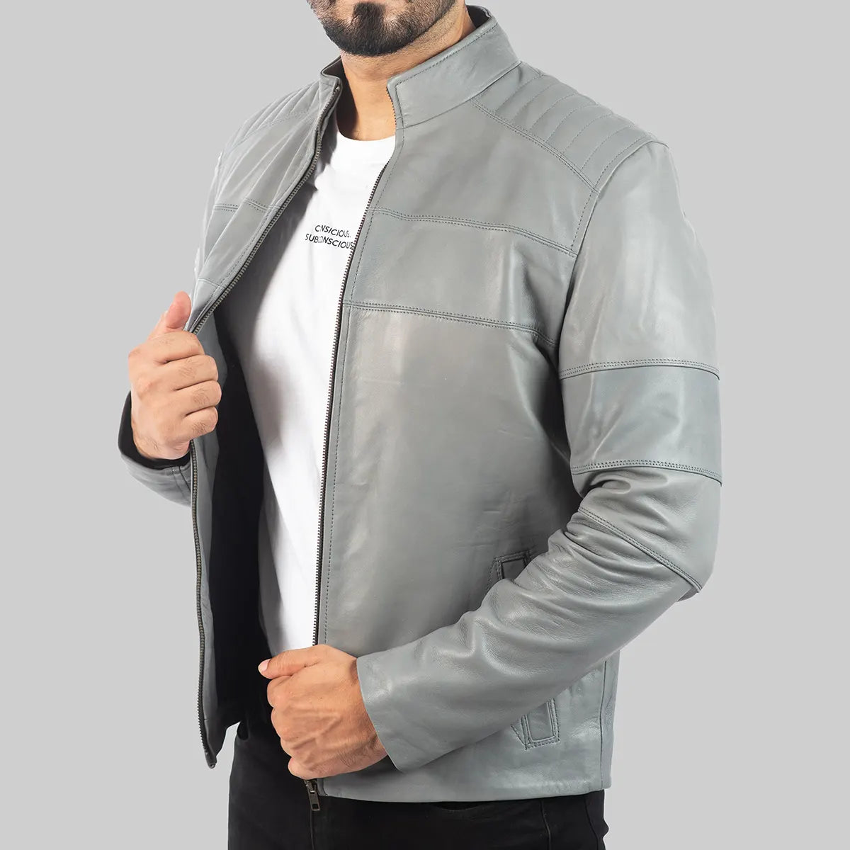 Men’s Grey Leather Biker Jacket – Classic Motorcycle Style