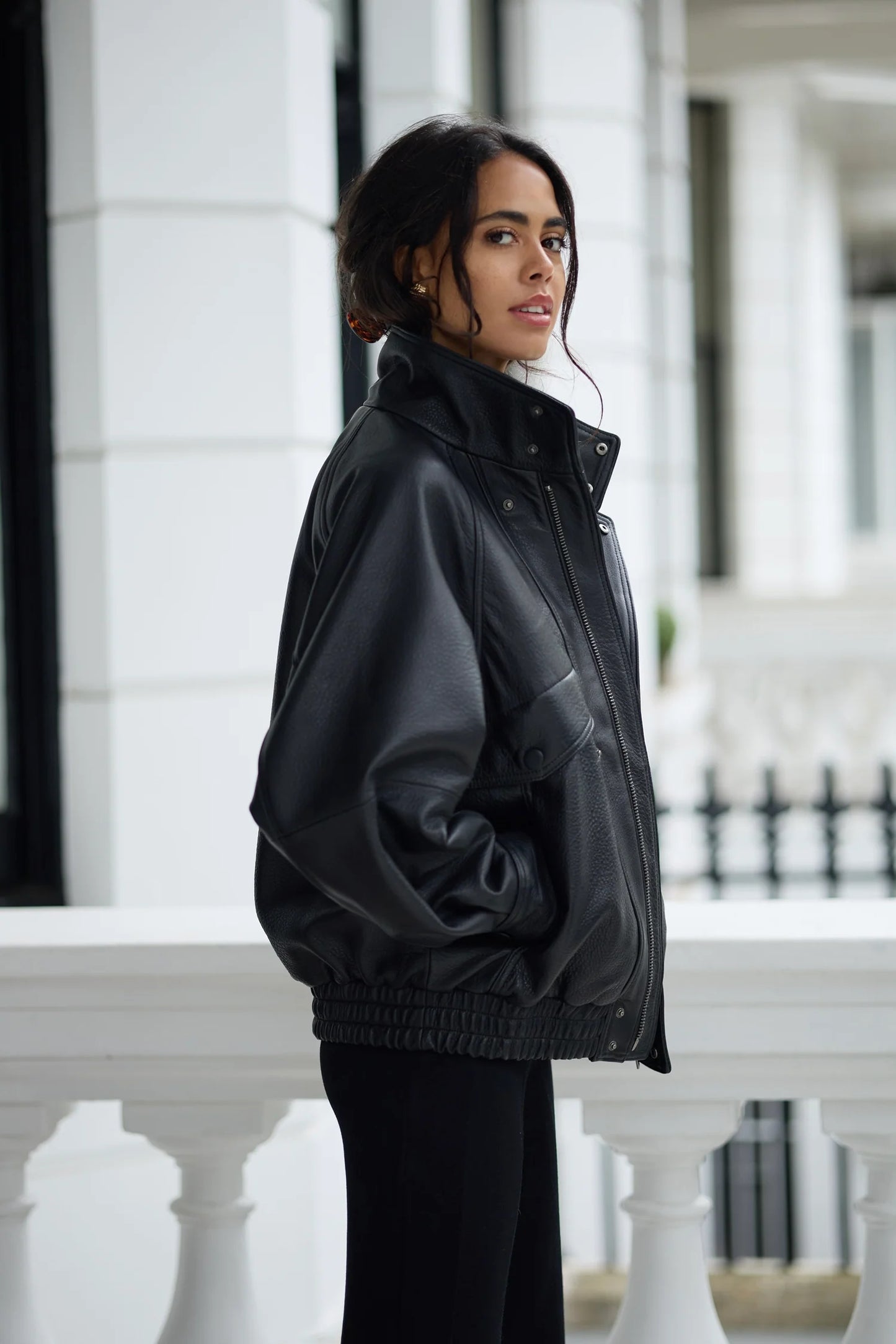 Leather Oversized Bomber Jacket for Women