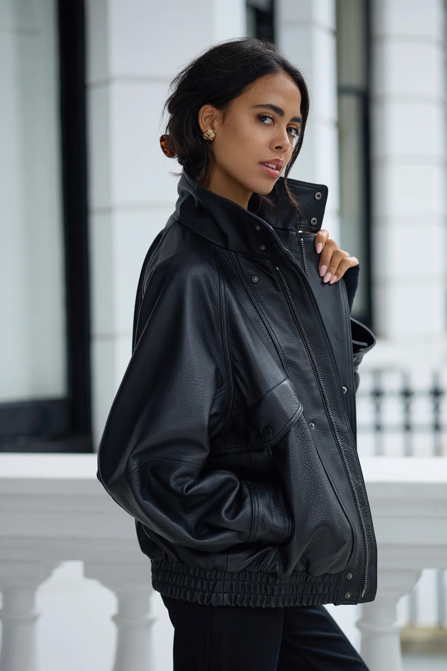 Leather Oversized Bomber Jacket for Women