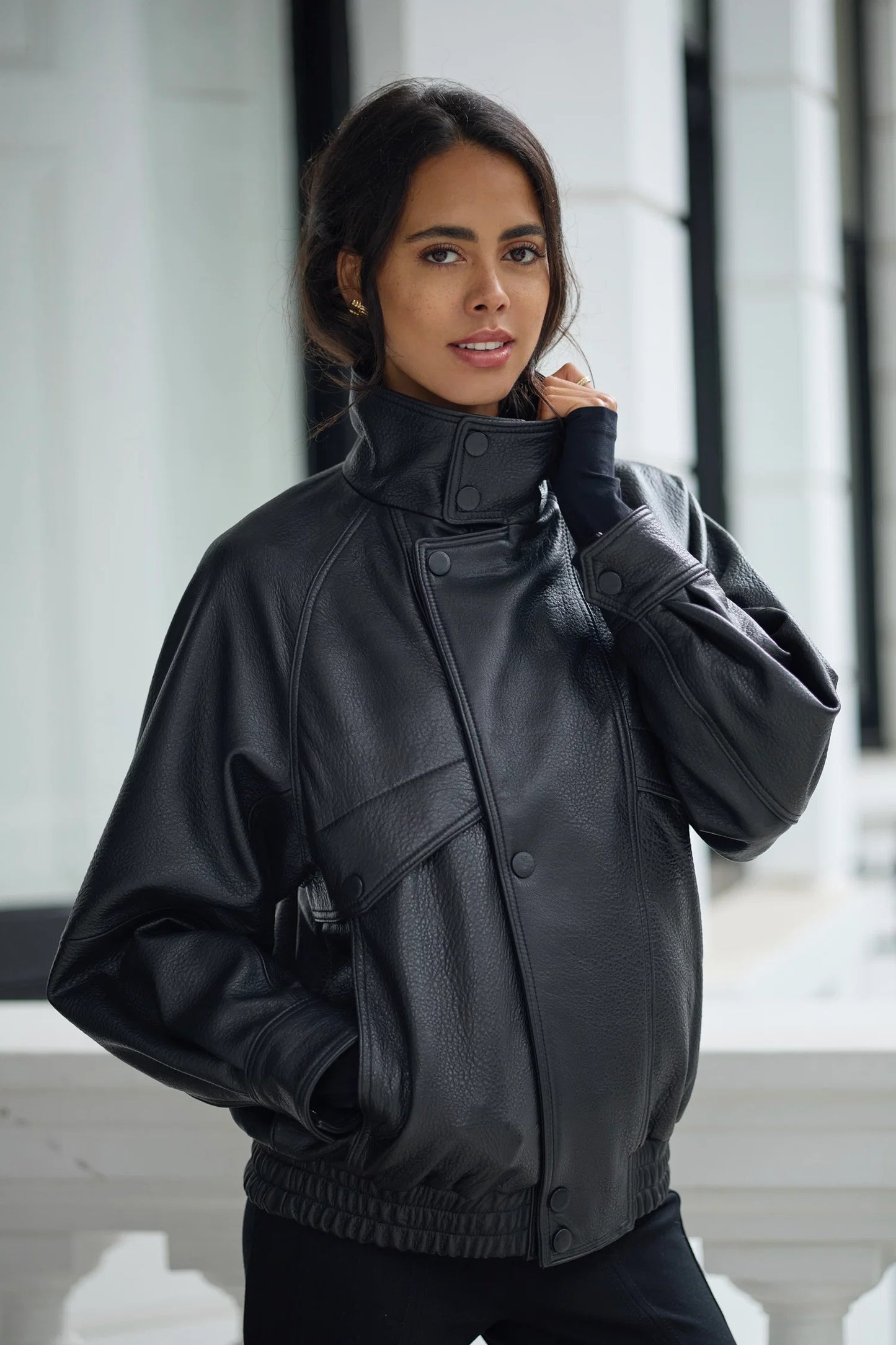 Leather Oversized Bomber Jacket for Women