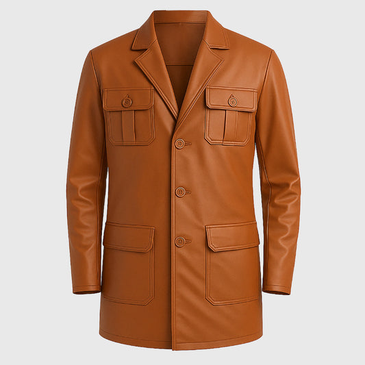 Camel Brown Leather Blazer for Men