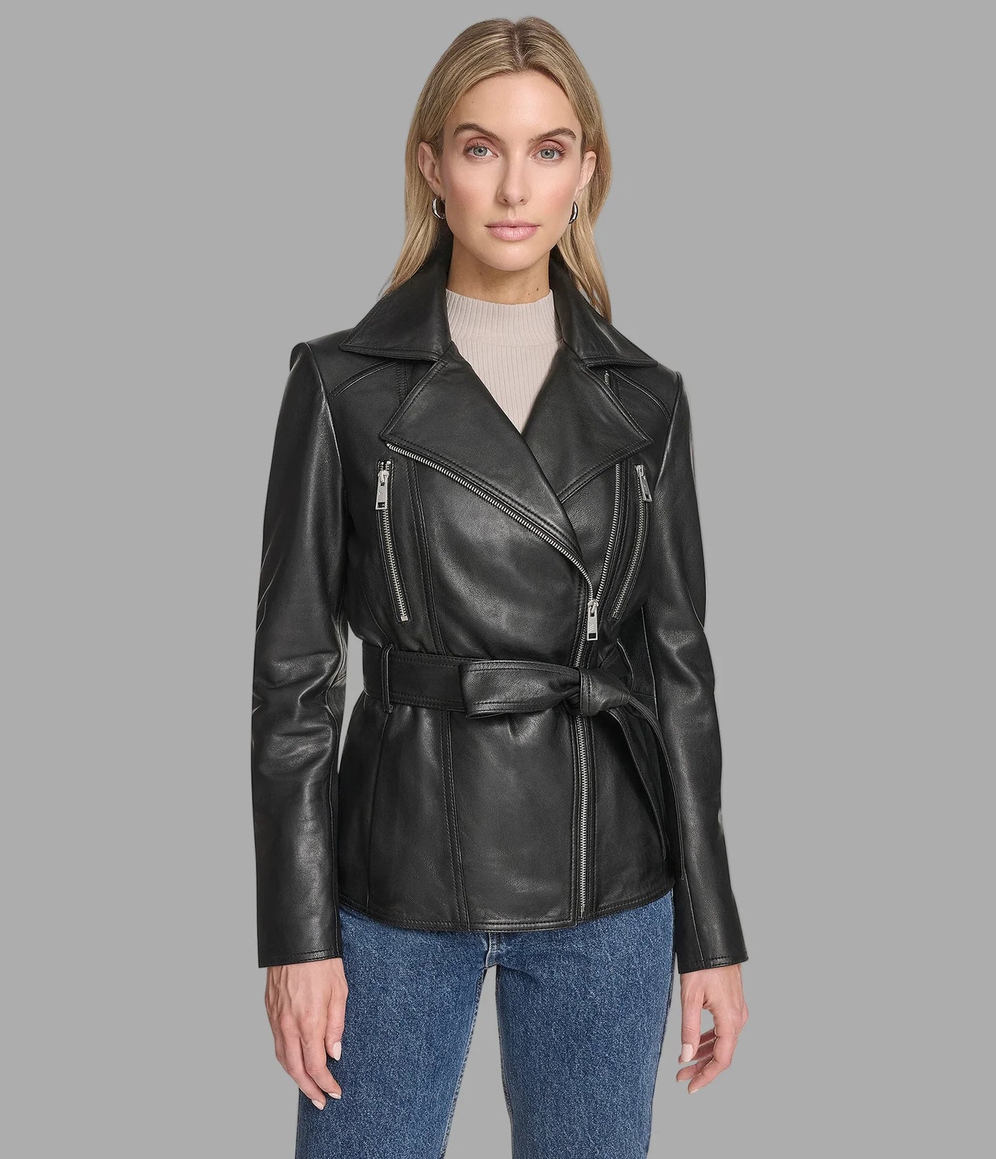 Leather Belted Moto Jacket for Women