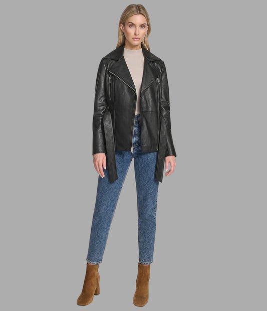 Leather Belted Moto Jacket for Women