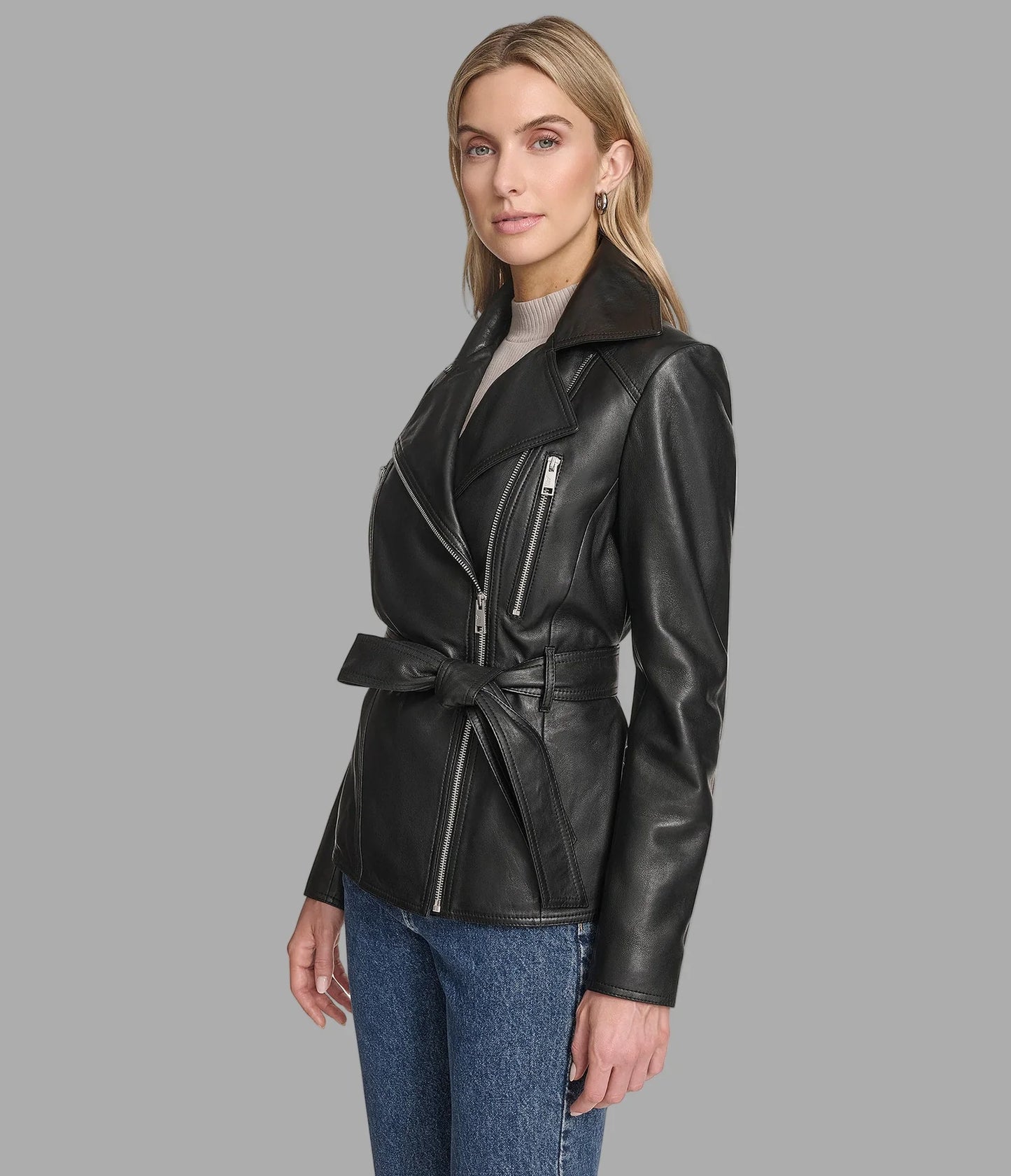Leather Belted Moto Jacket for Women