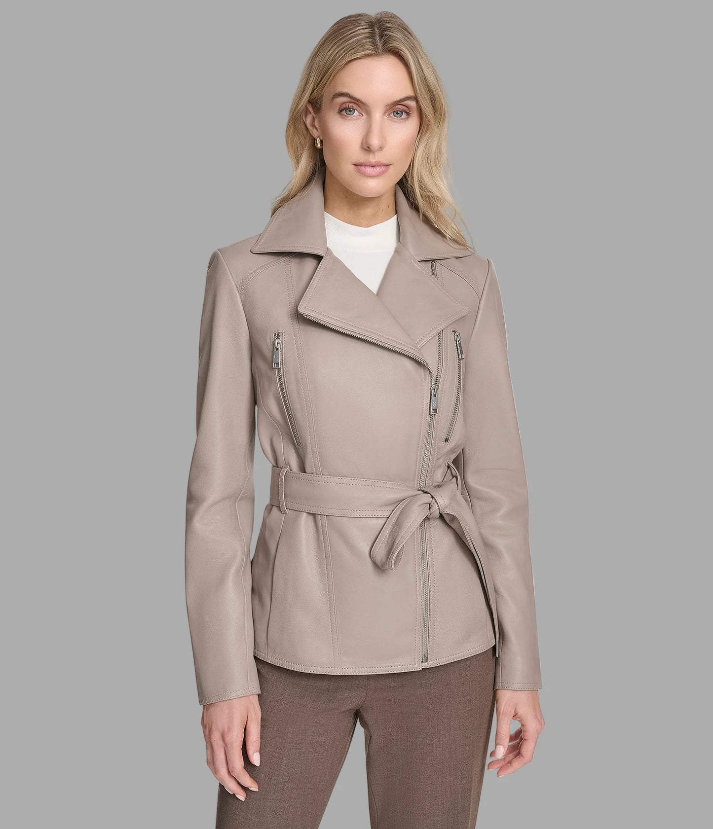 Leather Belted Moto Jacket for Women