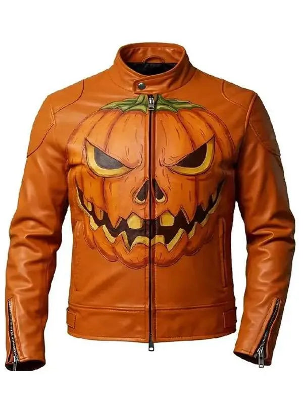 Halloween Orange Jack-O’-Lantern Leather Jacket | Pumpkin Biker Jacket