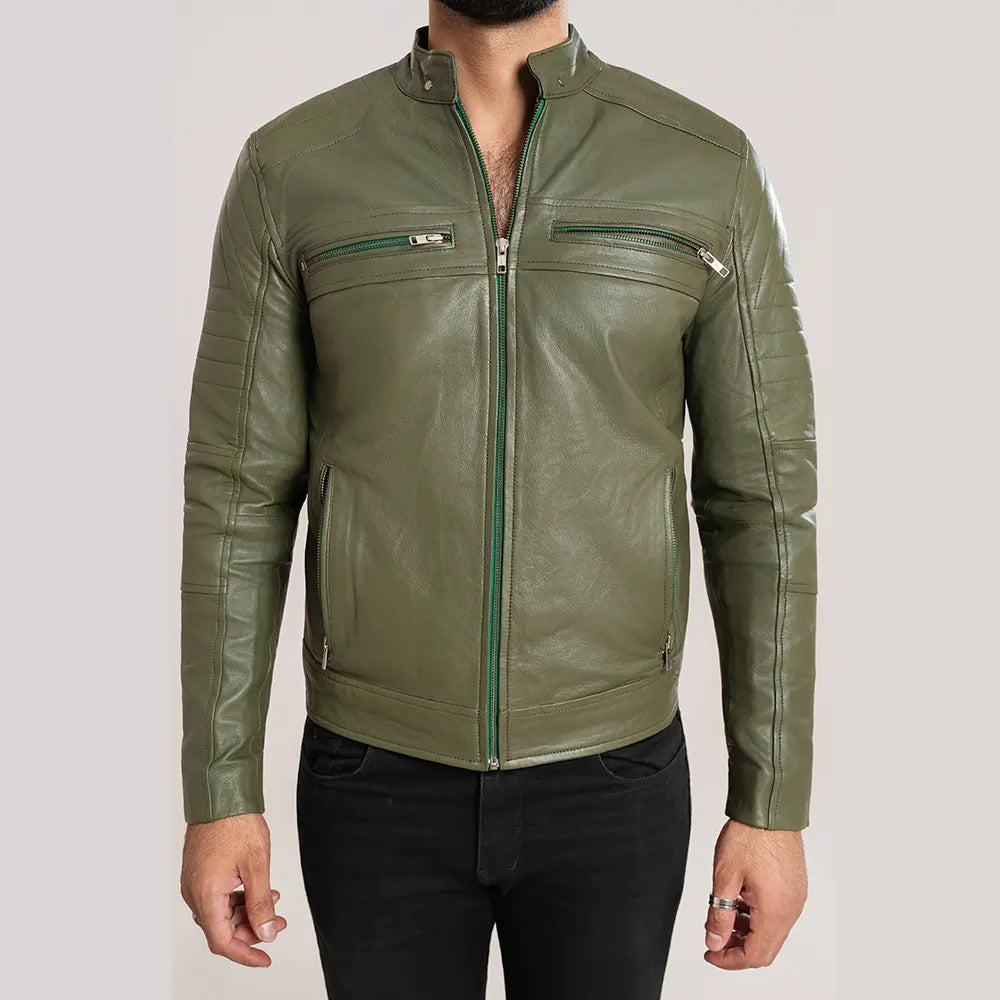 Men’s Olive Green Leather Jacket – Premium Casual Biker Style