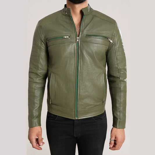 Men’s Olive Green Leather Jacket – Premium Casual Biker Style