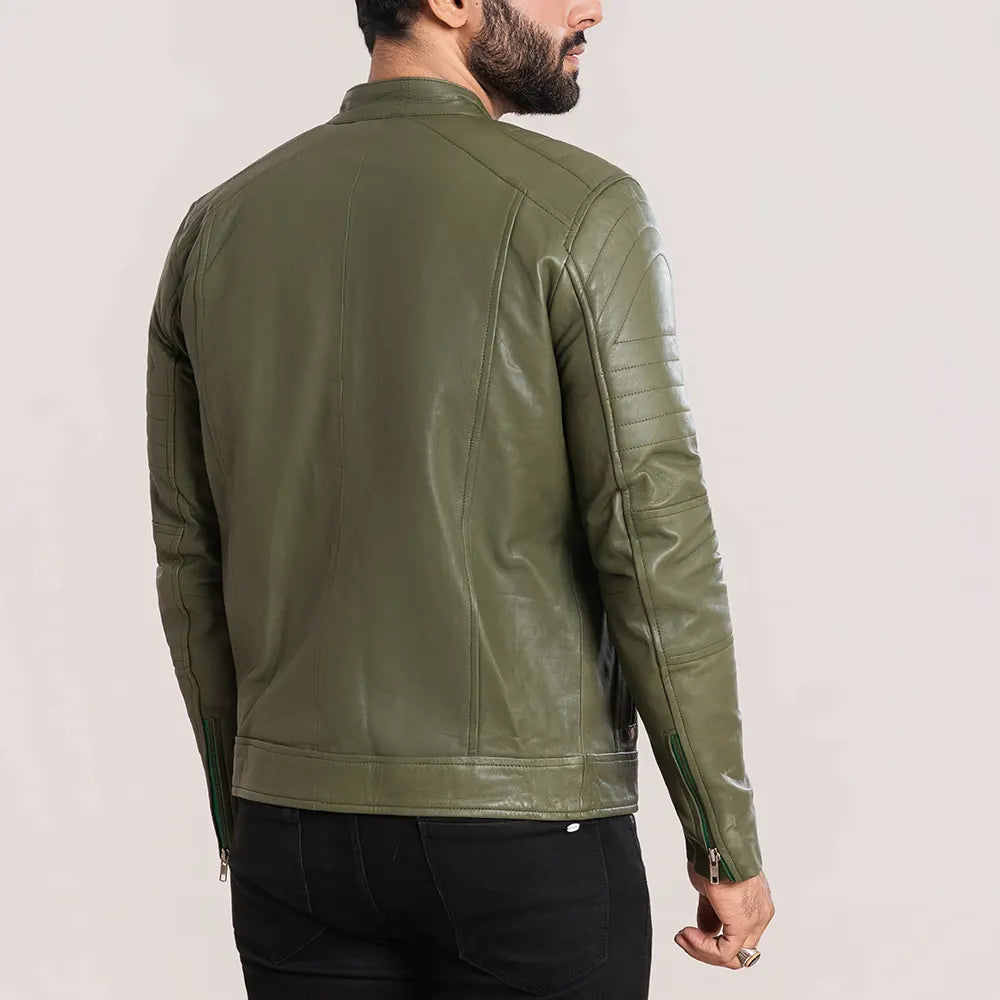 Men’s Olive Green Leather Jacket – Premium Casual Biker Style