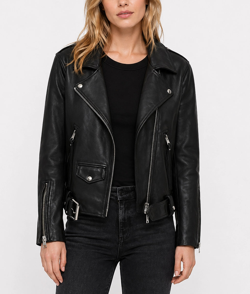 Women’s Black Leather Aviator Jacket with White Shearling