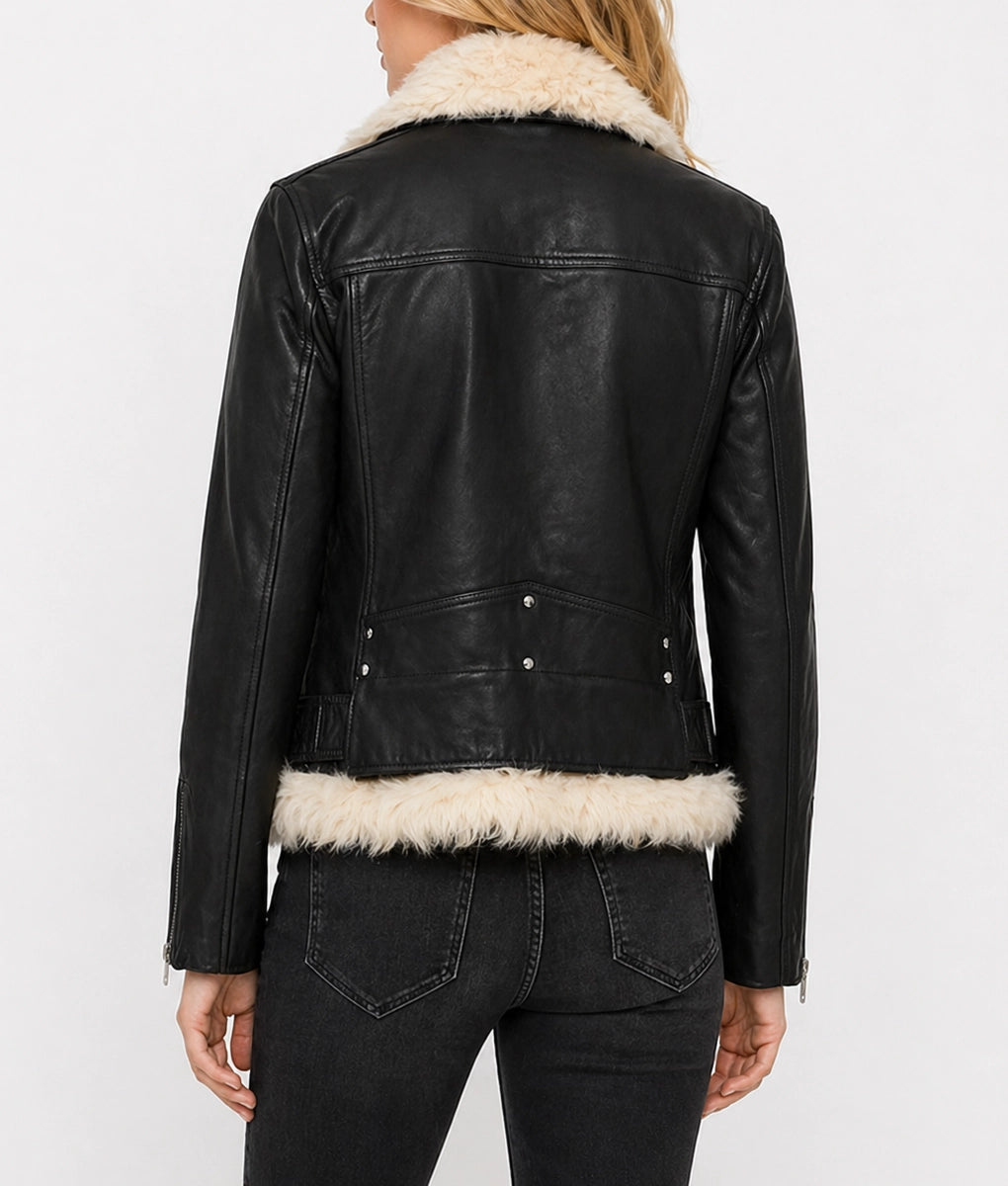 Women’s Black Leather Aviator Jacket with White Shearling