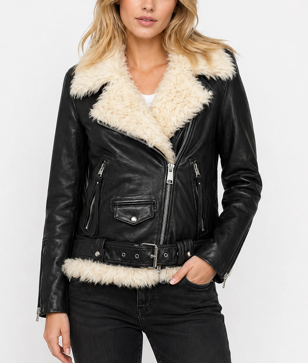 Women’s Black Leather Aviator Jacket with White Shearling