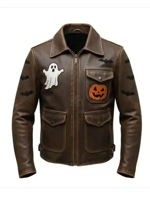 Spooky Ghost & Pumpkin Patches Brown Leather Jacket | Halloween Biker Jacket