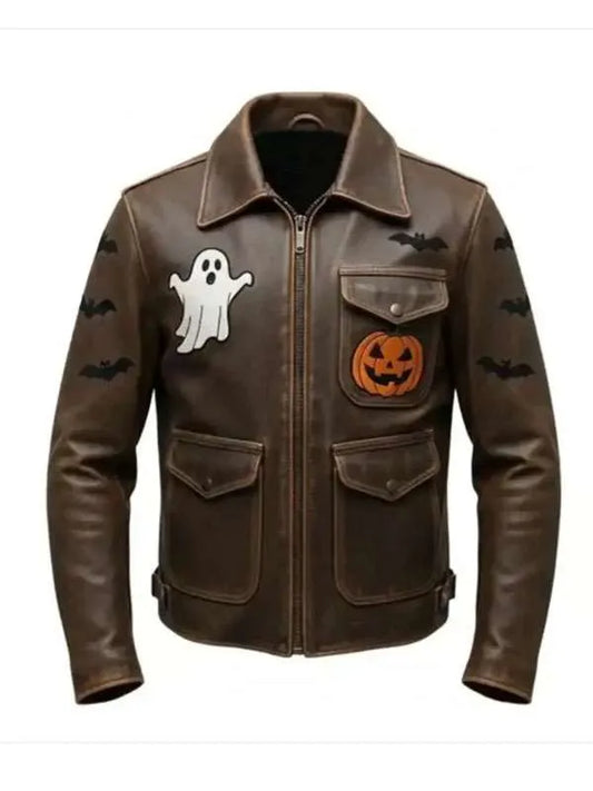 Spooky Ghost & Pumpkin Patches Brown Leather Jacket | Halloween Biker Jacket