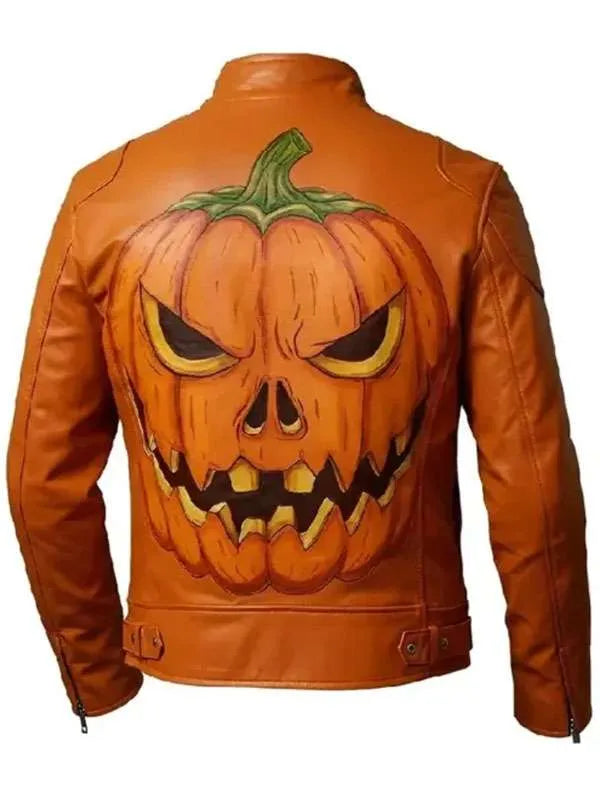 Halloween Orange Jack-O’-Lantern Leather Jacket | Pumpkin Biker Jacket