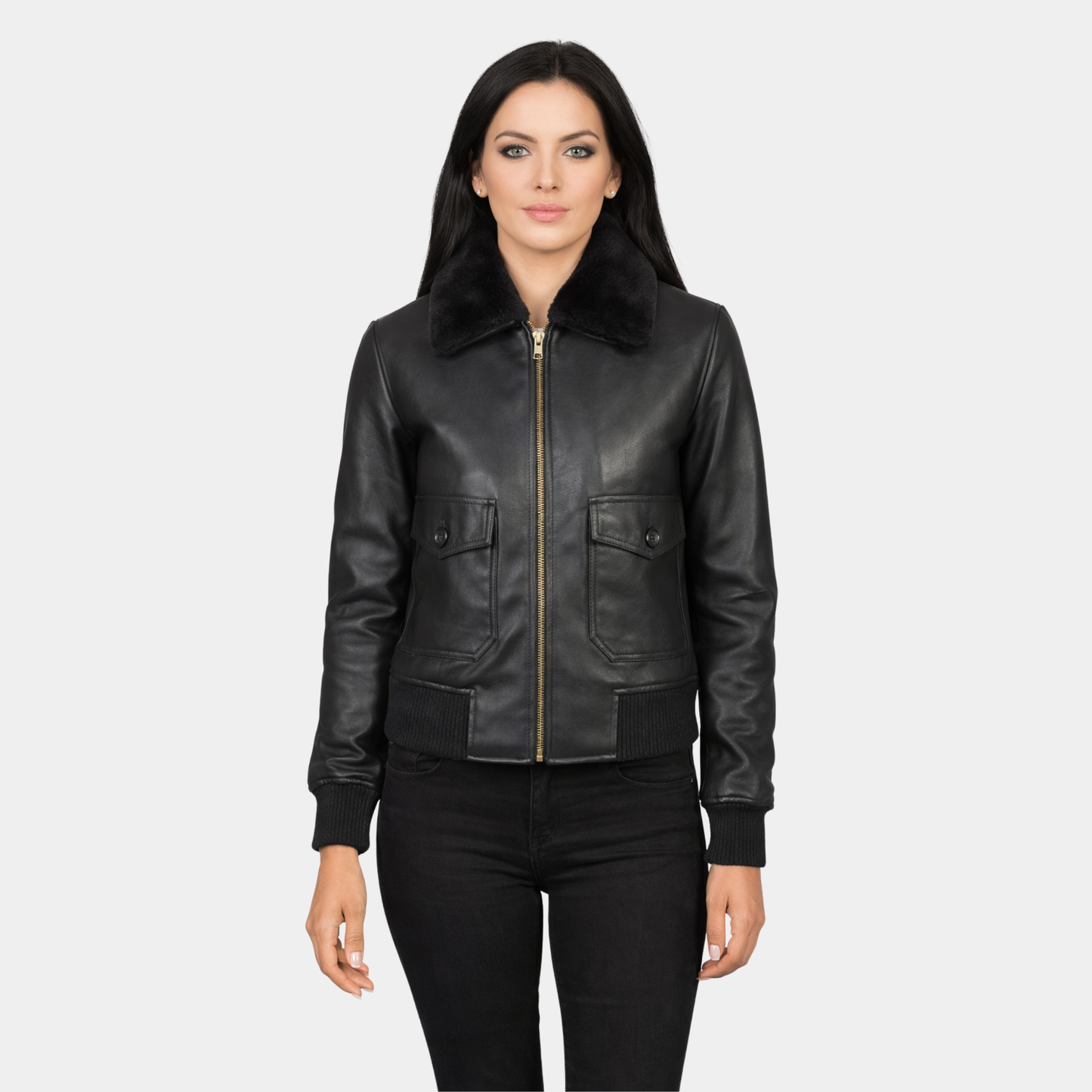 Women’s Black Leather Aviator Jacket with  black Shearling Collar