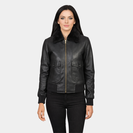 Women’s Black Leather Aviator Jacket with  black Shearling Collar