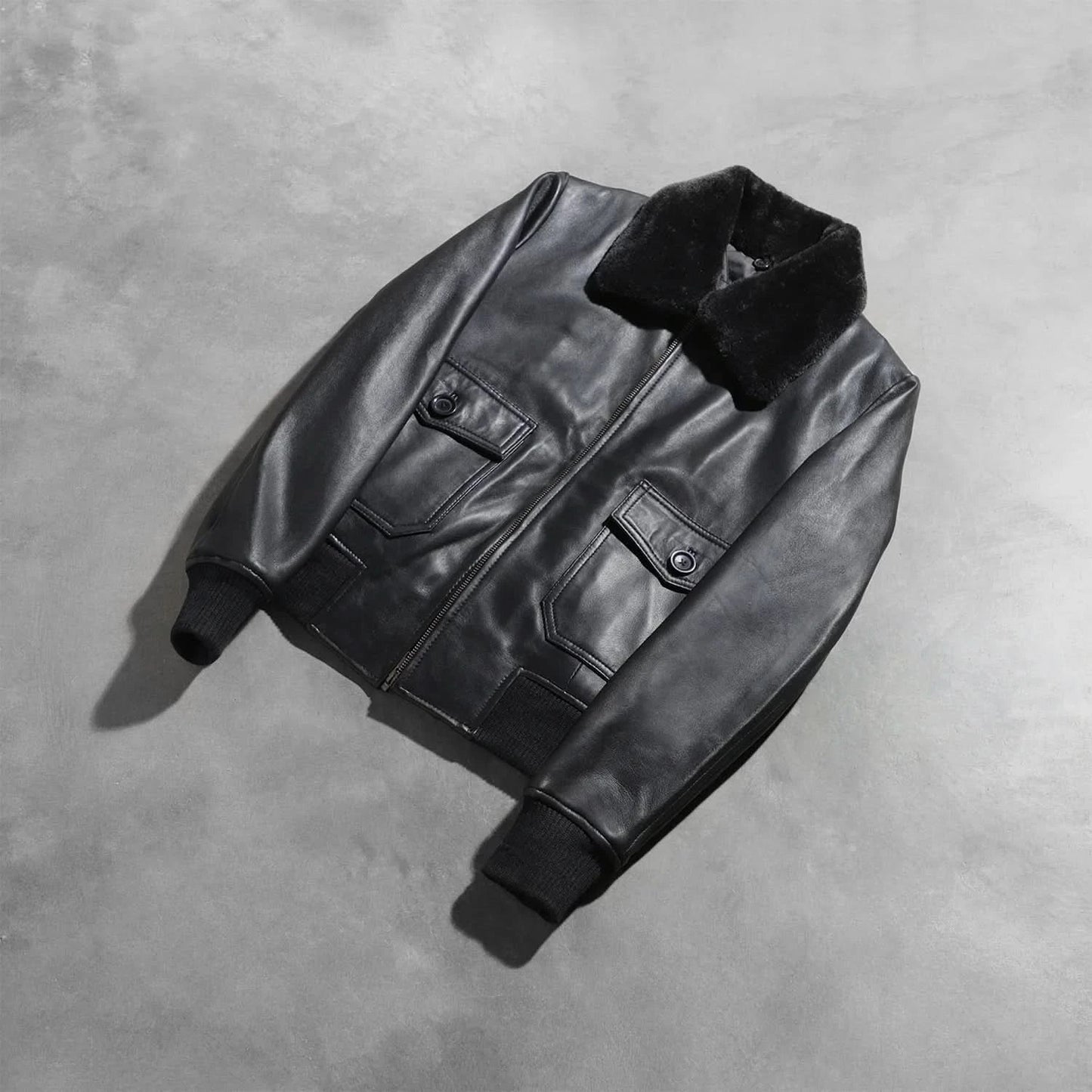Women’s Black Leather Aviator Jacket with  black Shearling Collar
