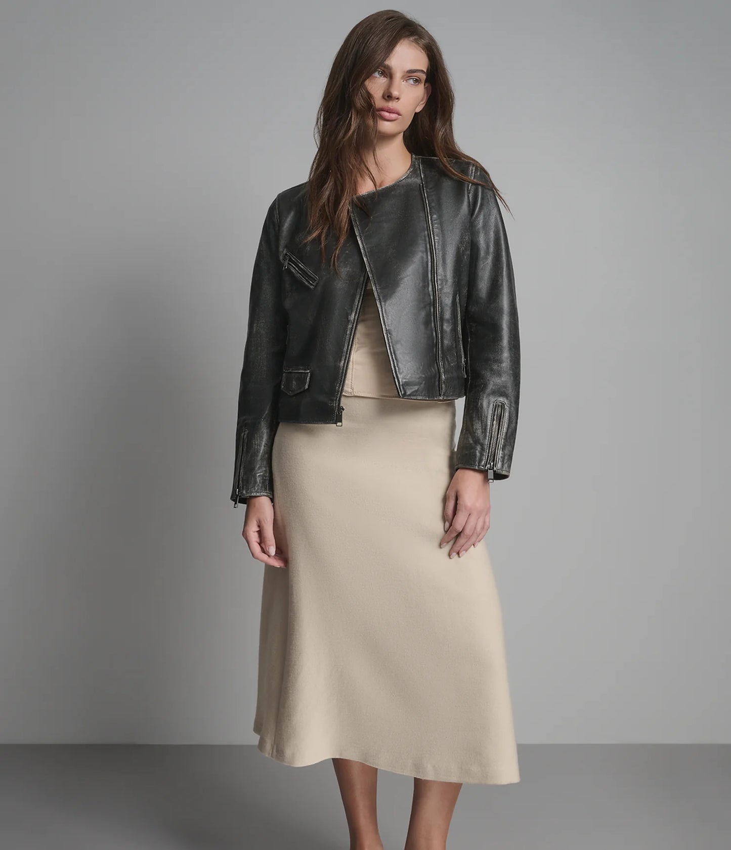 Vintage Collarless Moto Jacket for Women