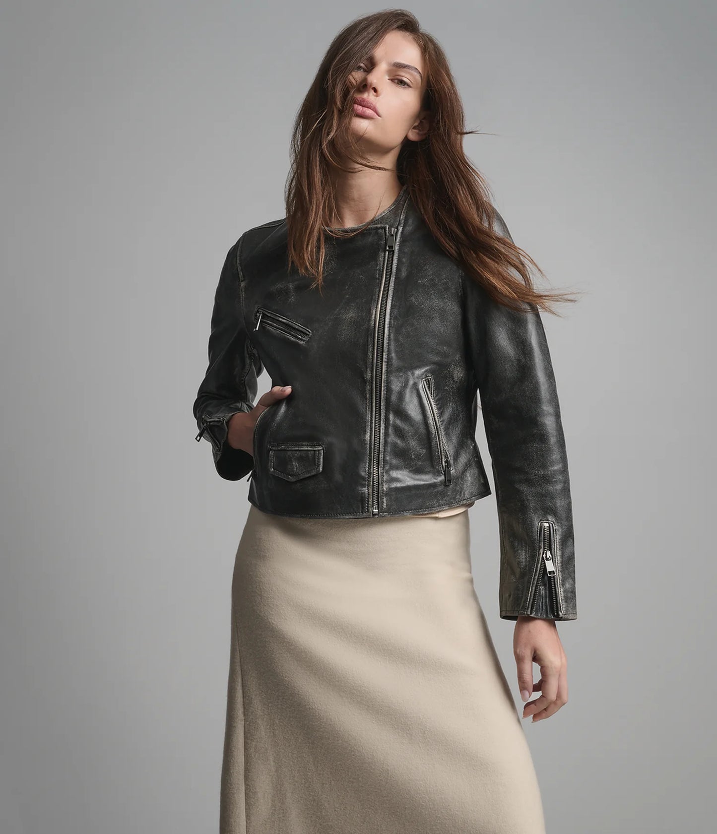 Vintage Collarless Moto Jacket for Women