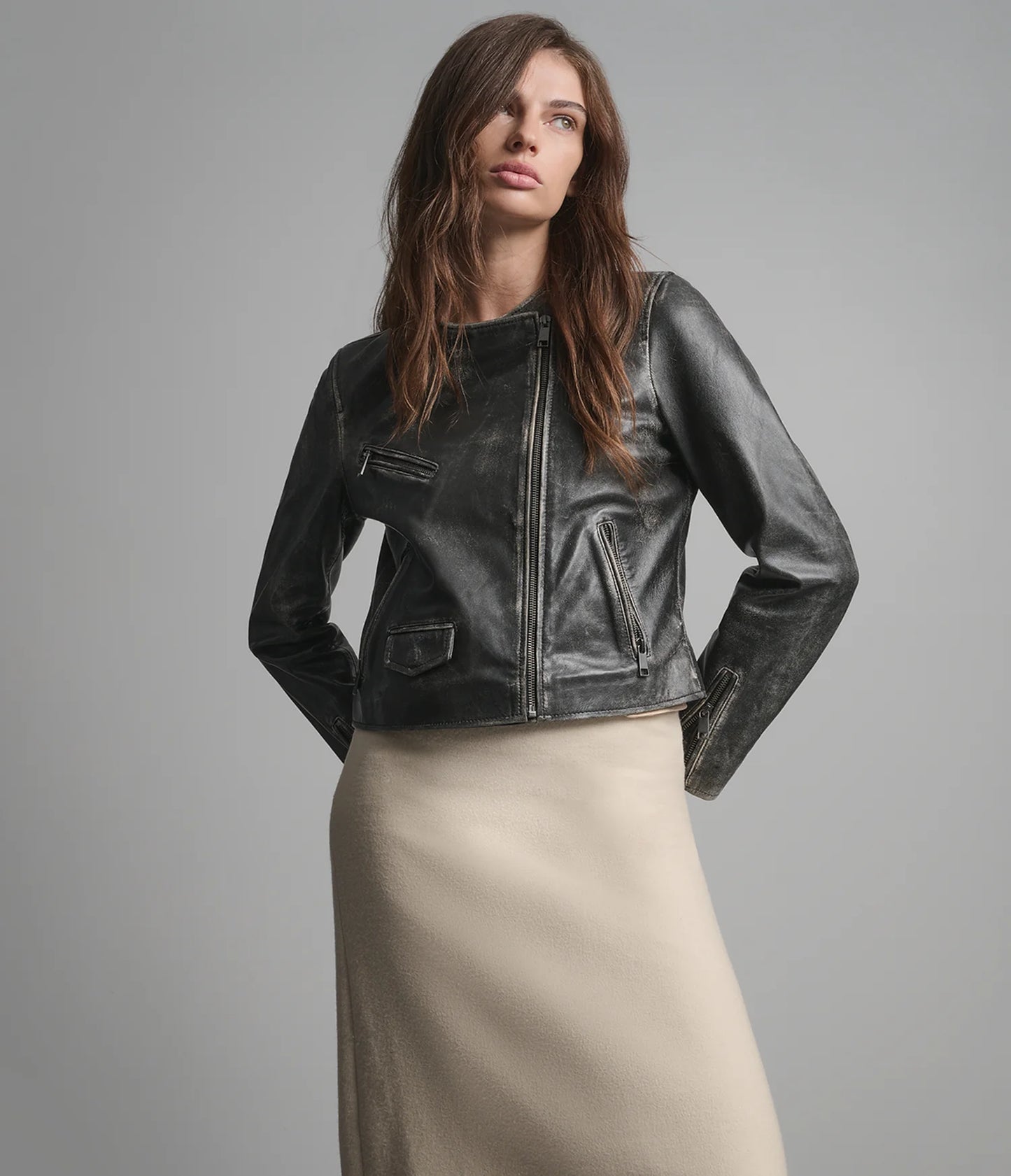 Vintage Collarless Moto Jacket for Women