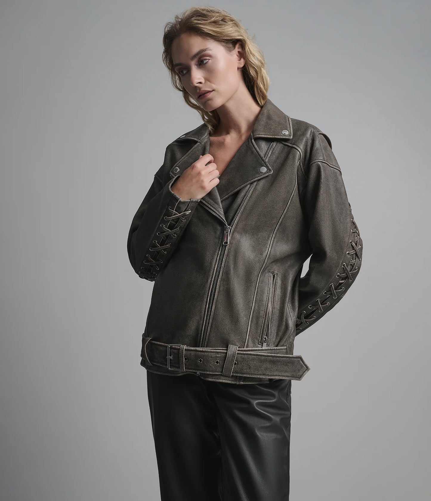 Oversized Asymmetric Leather Moto Jacket for Women