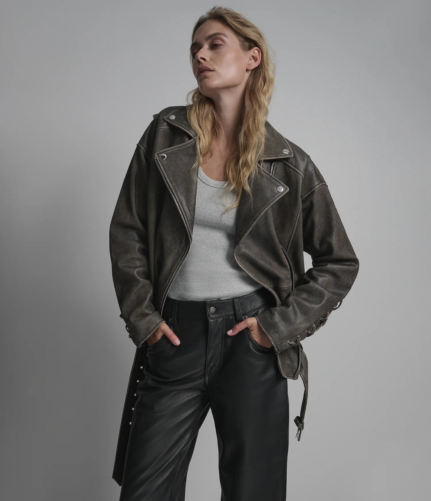 Oversized Asymmetric Leather Moto Jacket for Women