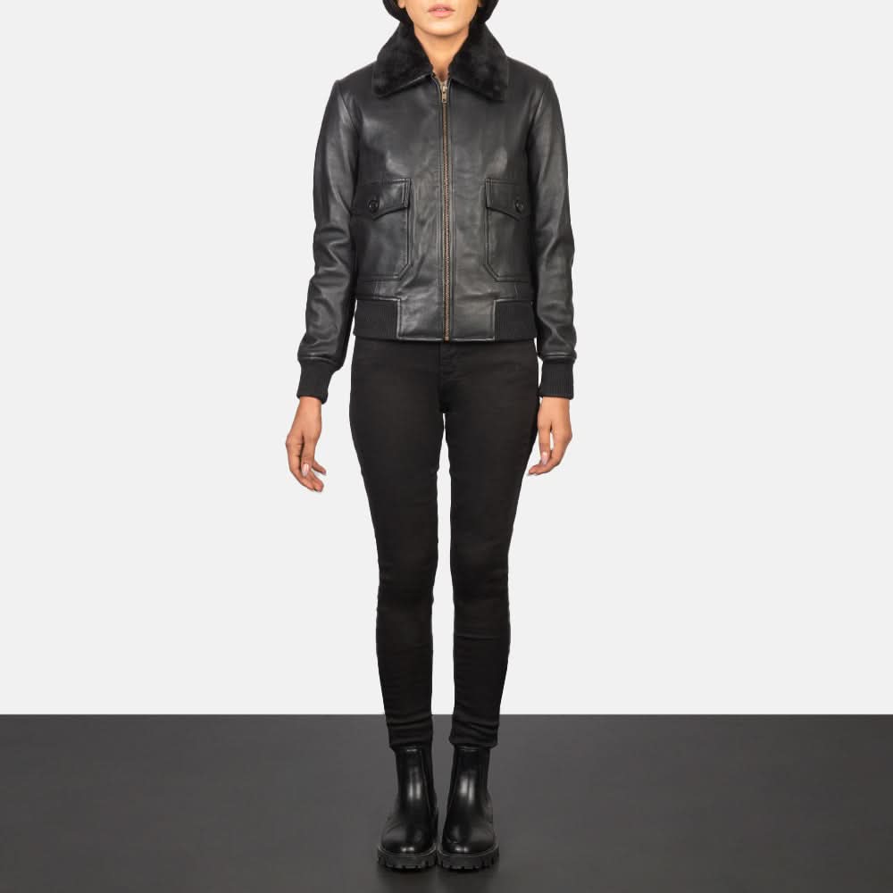 Women’s Black Leather Aviator Jacket with  black Shearling Collar