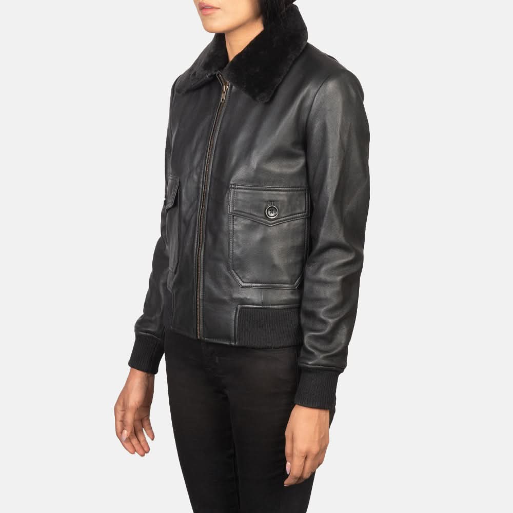 Women’s Black Leather Aviator Jacket with  black Shearling Collar