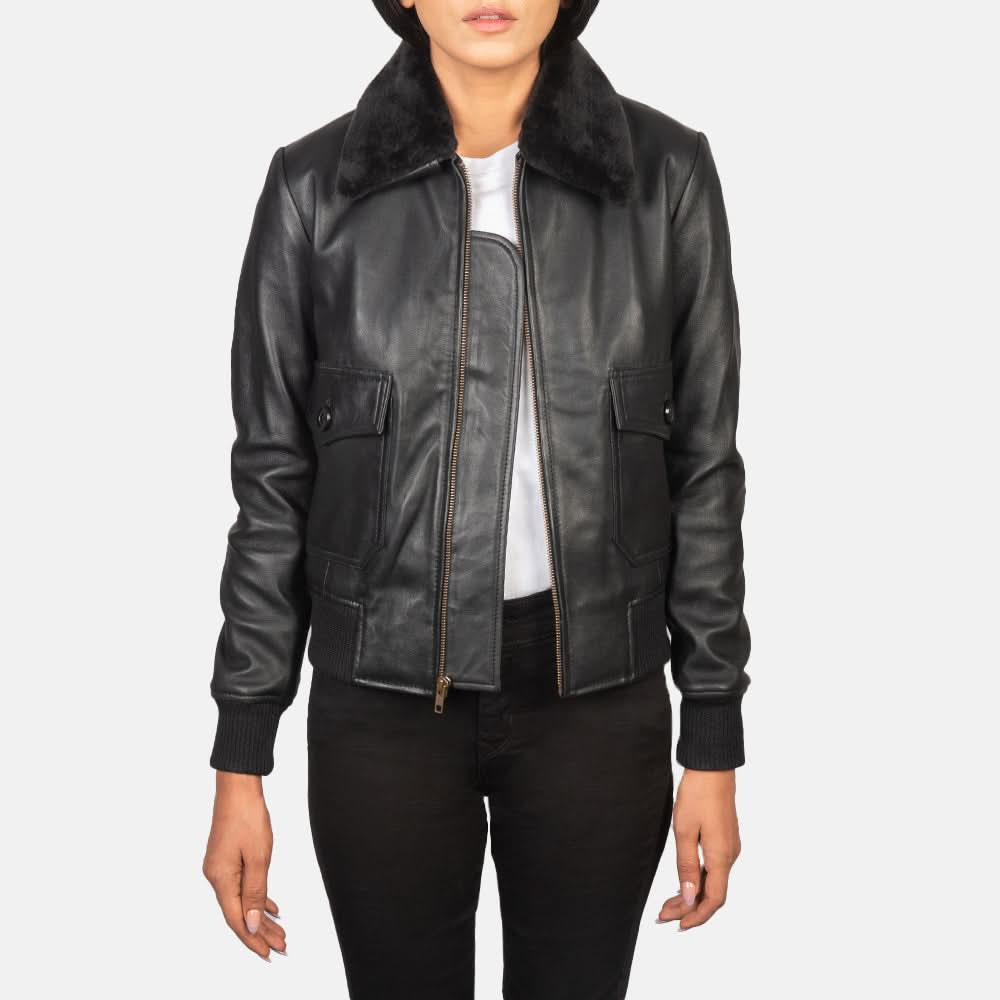Women’s Black Leather Aviator Jacket with  black Shearling Collar
