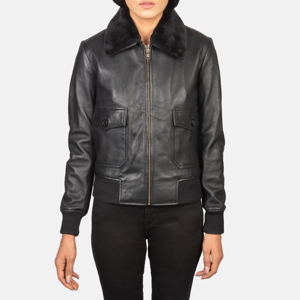 Women’s Black Leather Aviator Jacket with  black Shearling Collar