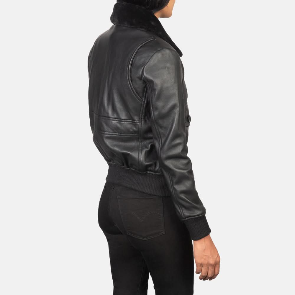 Women’s Black Leather Aviator Jacket with  black Shearling Collar