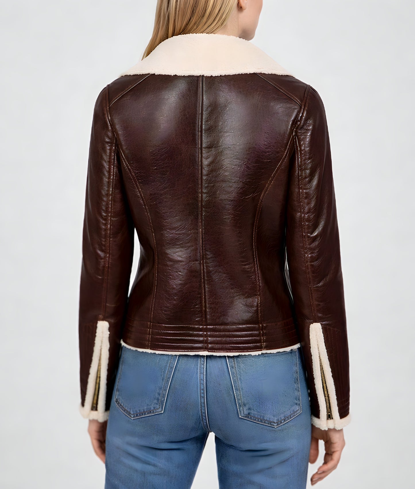 Women’s Burgundy Aviator Leather Jacket with White Shearling Fur