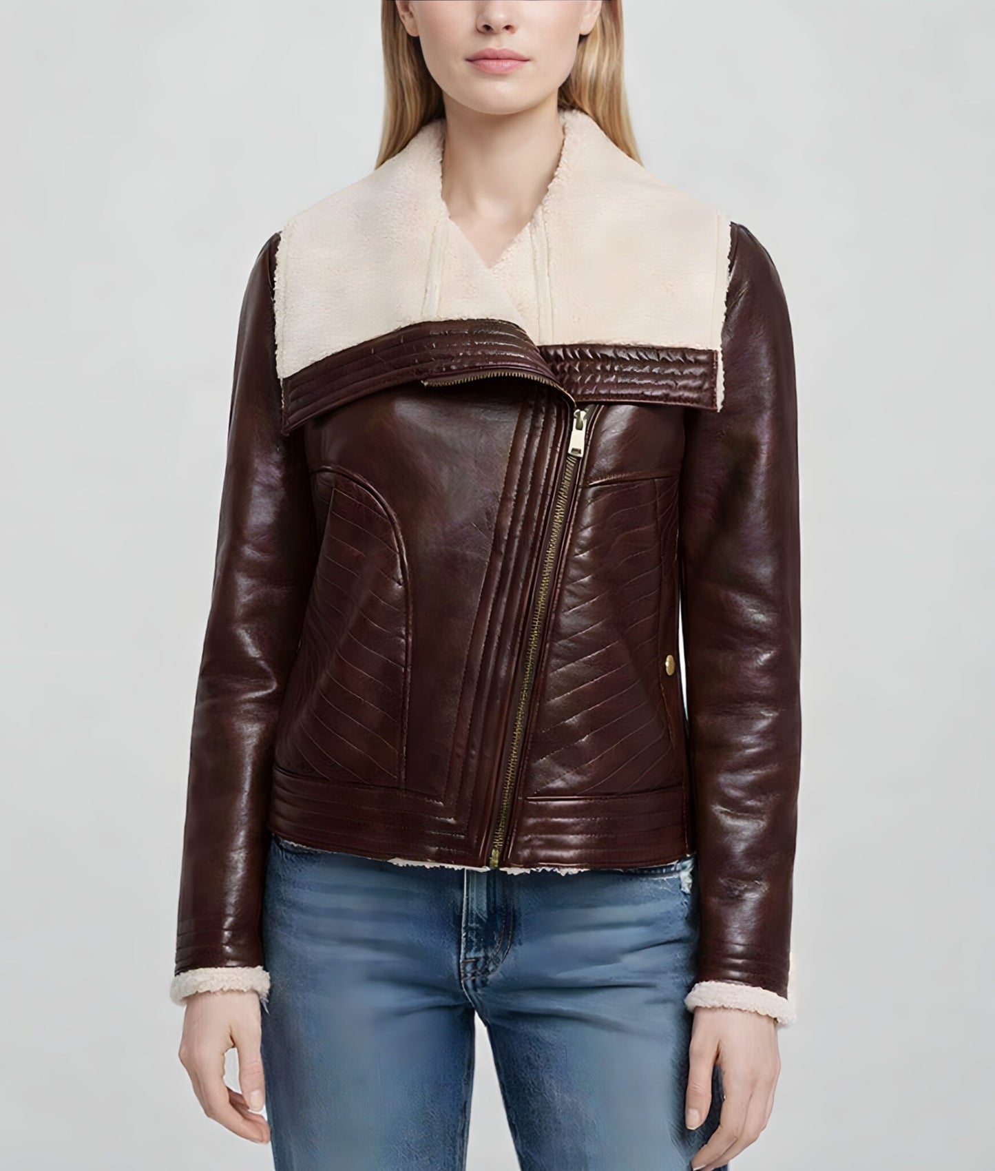 Women’s Burgundy Aviator Leather Jacket with White Shearling Fur