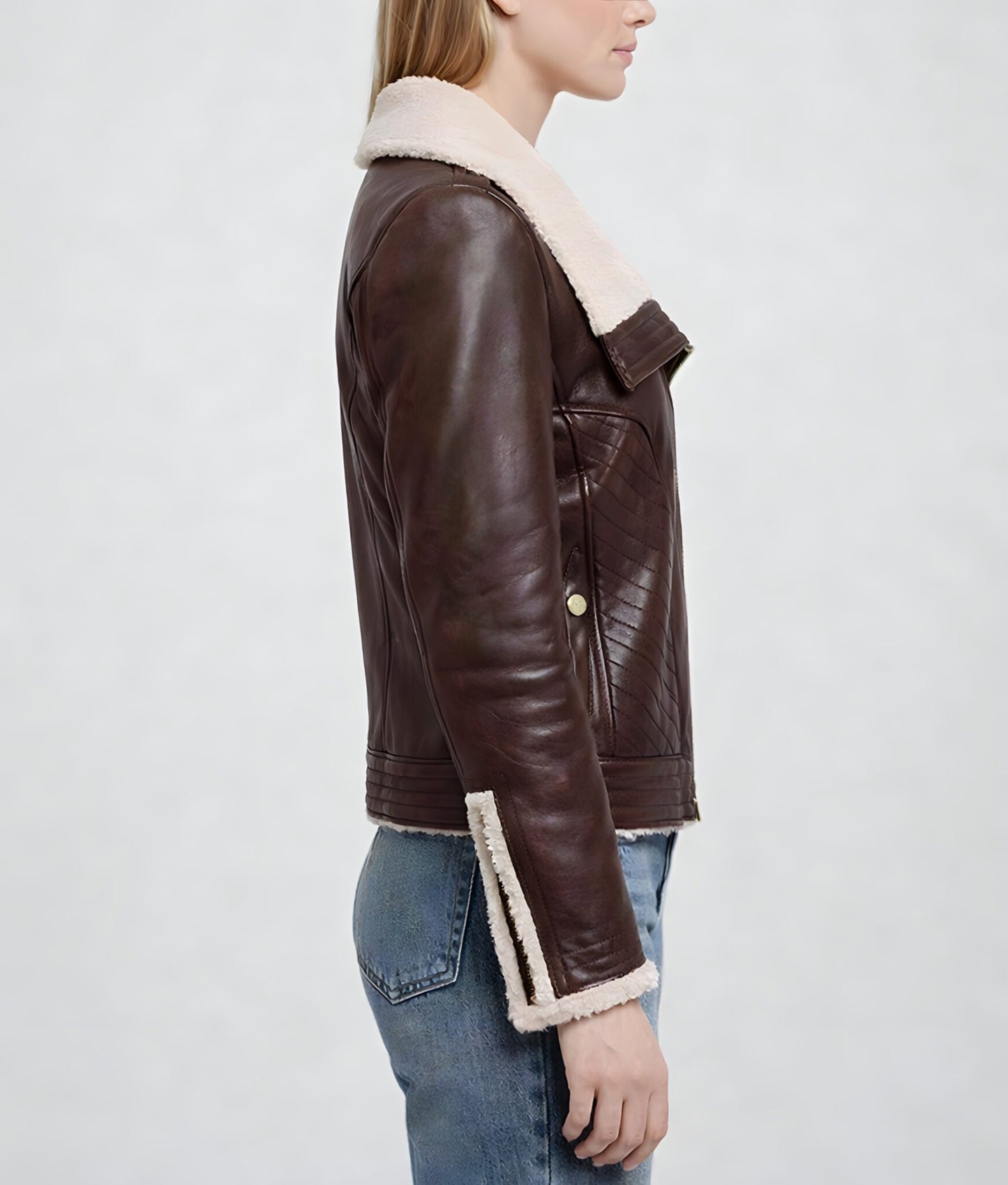 Women’s Burgundy Aviator Leather Jacket with White Shearling Fur