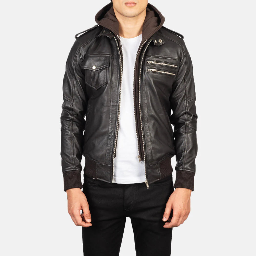 Bravado Brown Hooded Leather Bomber Jacket for Men | Premium Genuine Leather Jacket