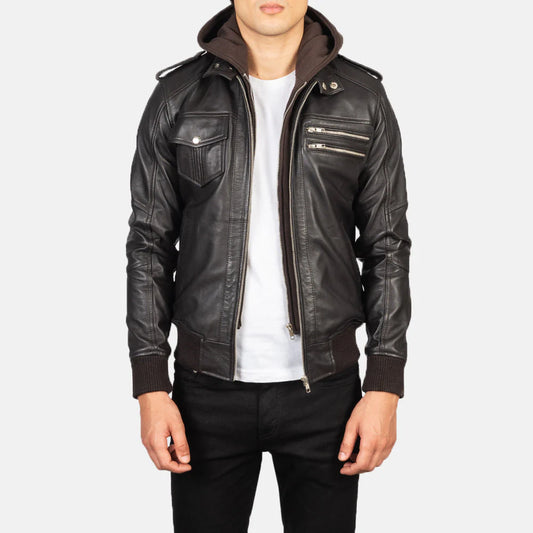 Bravado Brown Hooded Leather Bomber Jacket for Men | Premium Genuine Leather Jacket