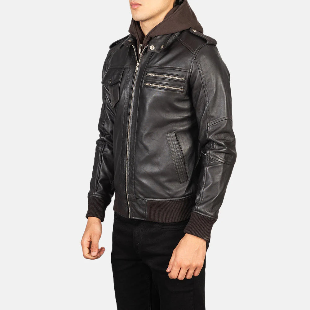 Bravado Brown Hooded Leather Bomber Jacket for Men | Premium Genuine Leather Jacket