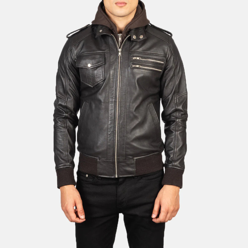Bravado Brown Hooded Leather Bomber Jacket for Men | Premium Genuine Leather Jacket