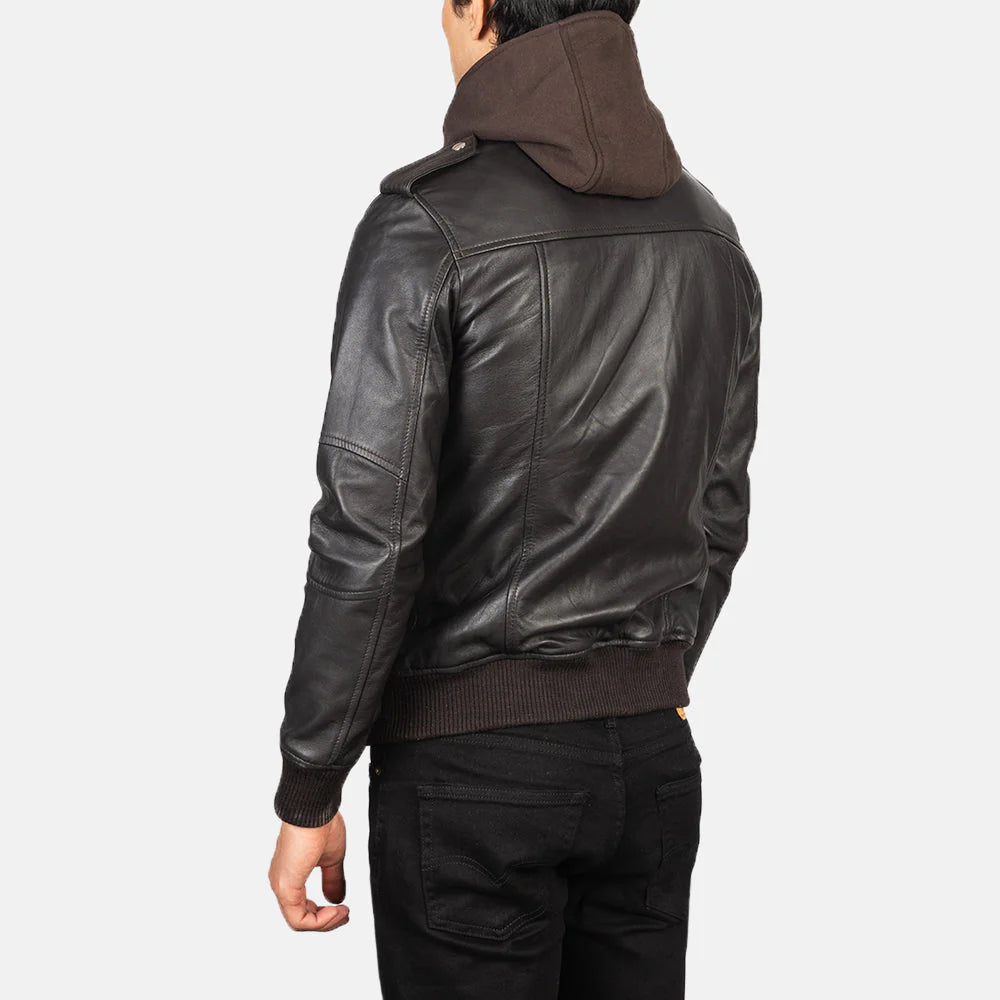 Bravado Brown Hooded Leather Bomber Jacket for Men | Premium Genuine Leather Jacket