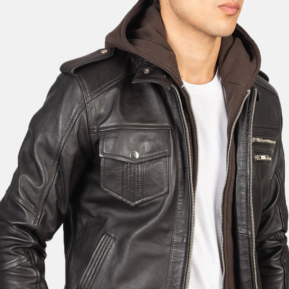 Bravado Brown Hooded Leather Bomber Jacket for Men | Premium Genuine Leather Jacket