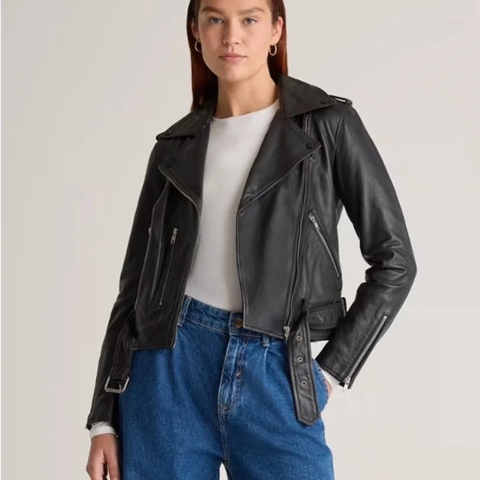 Black Leather Belted Moto Jacket for Women