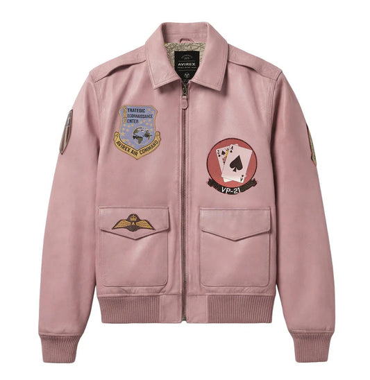 Women's Avirex Pink Vintage A-2 Flight Leather Jacket | Premium Retro Bomber Jacket