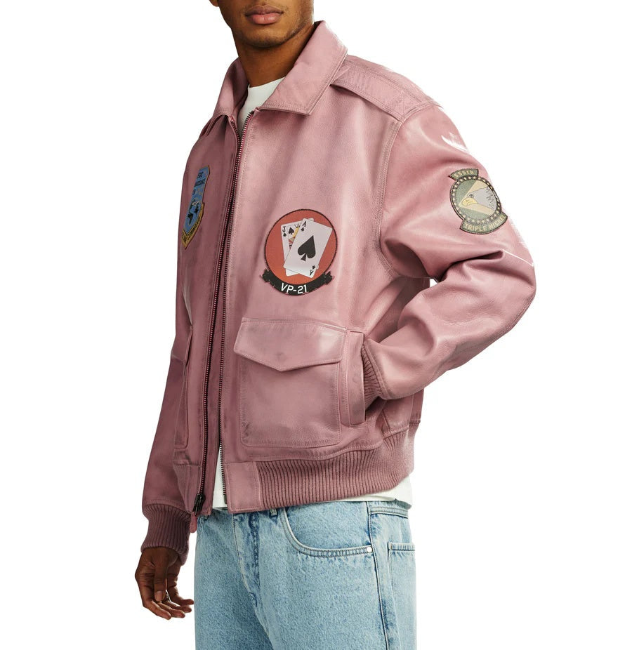 Women's Avirex Pink Vintage A-2 Flight Leather Jacket | Premium Retro Bomber Jacket