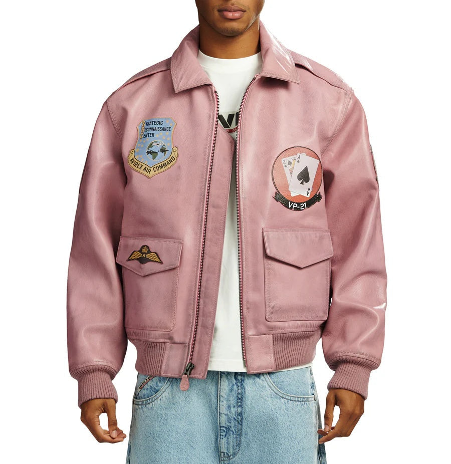 Women's Avirex Pink Vintage A-2 Flight Leather Jacket | Premium Retro Bomber Jacket