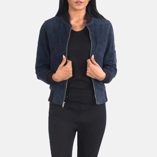Ava MA-1 Blue Suede Bomber Jacket for Women | Premium Flight Jacket