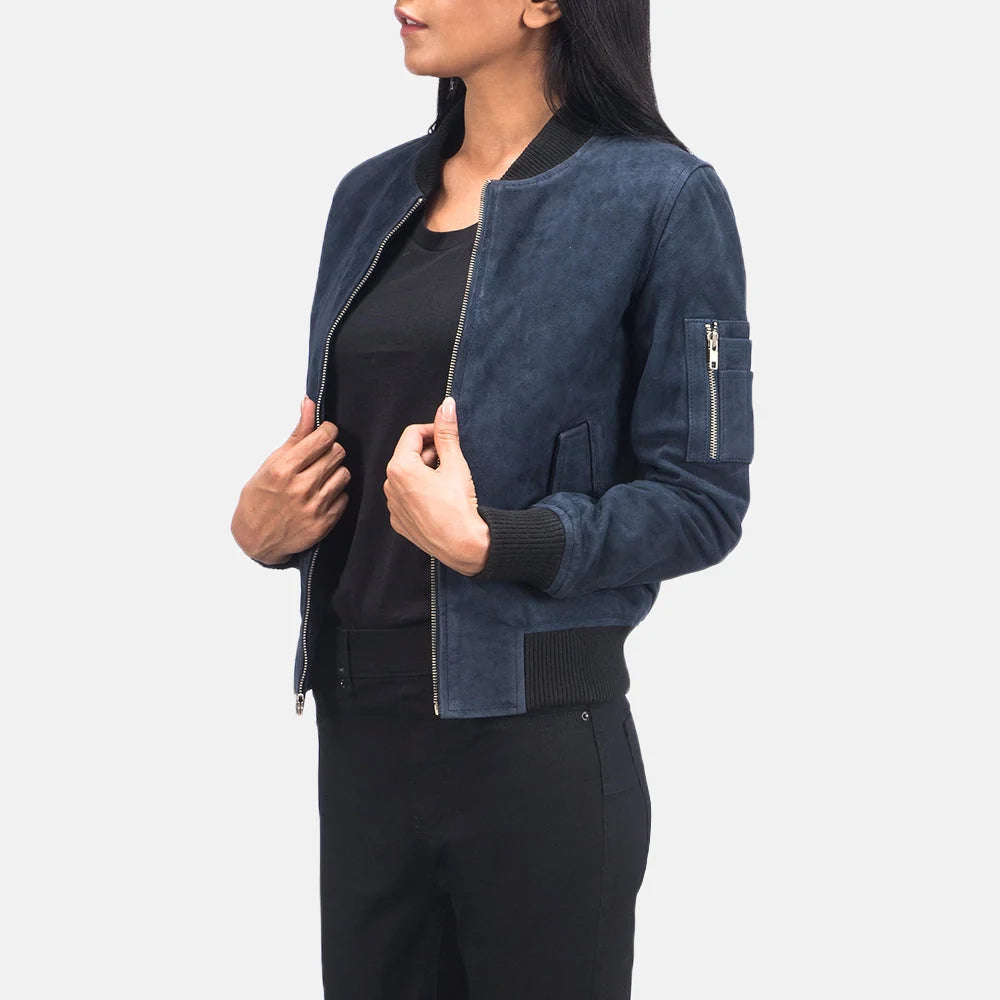 Ava MA-1 Blue Suede Bomber Jacket for Women | Premium Flight Jacket