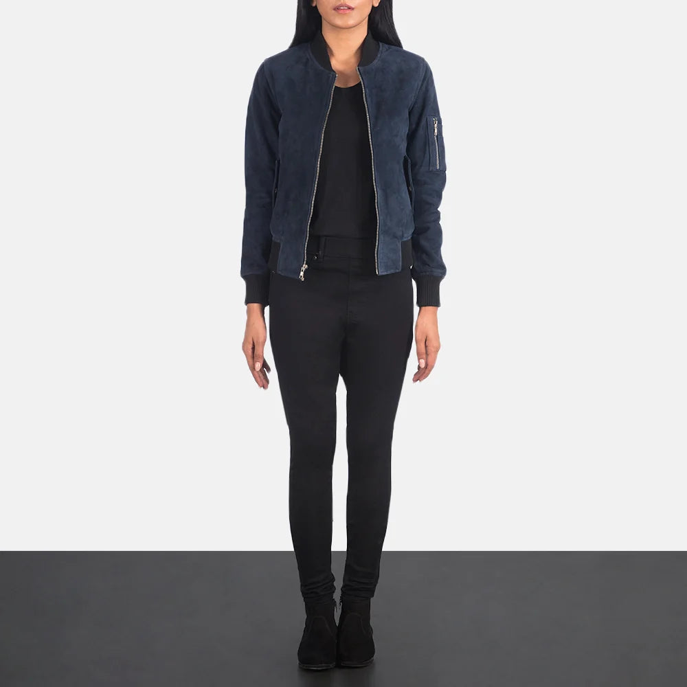 Ava MA-1 Blue Suede Bomber Jacket for Women | Premium Flight Jacket