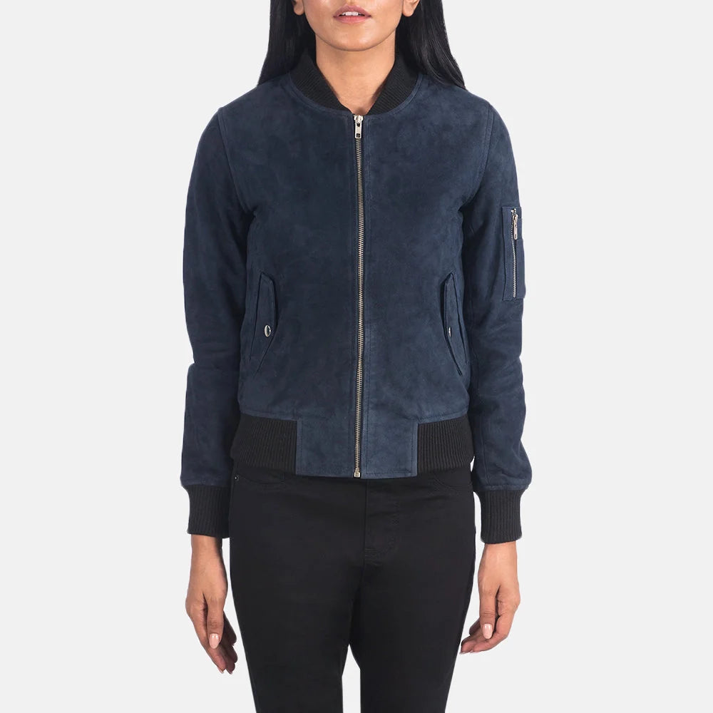 Ava MA-1 Blue Suede Bomber Jacket for Women | Premium Flight Jacket