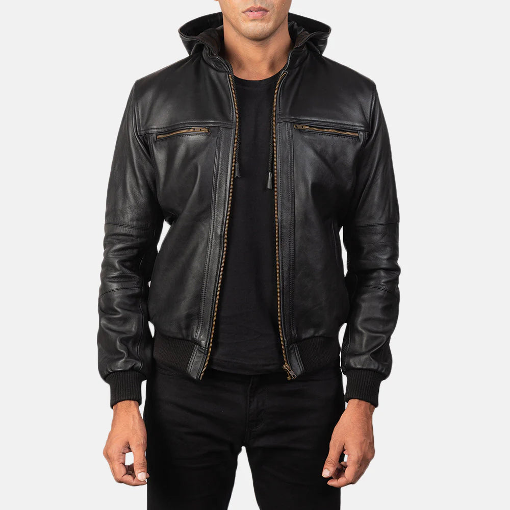 Bouncer Biz Black Leather Bomber Jacket for Men | Premium Genuine Leather Jacket